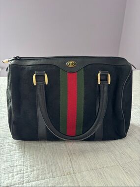Gucci Sherry Line Boston Bag Black GG Monogram Canvas with Red&Green Web Stripe